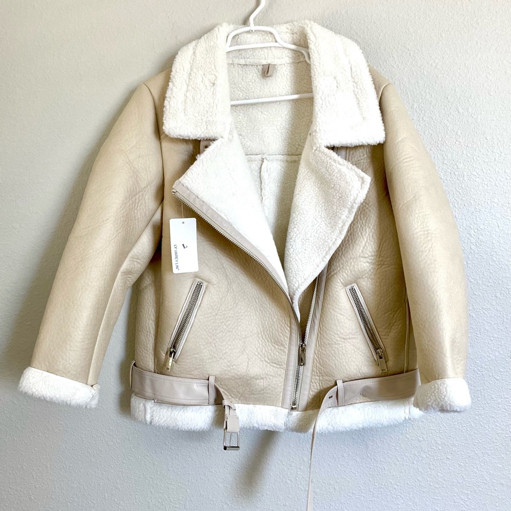 NWT Ly Varey Lin Marrakech Sherpa Lined Soft Cream LeatherWomen’s Bomber Jacket